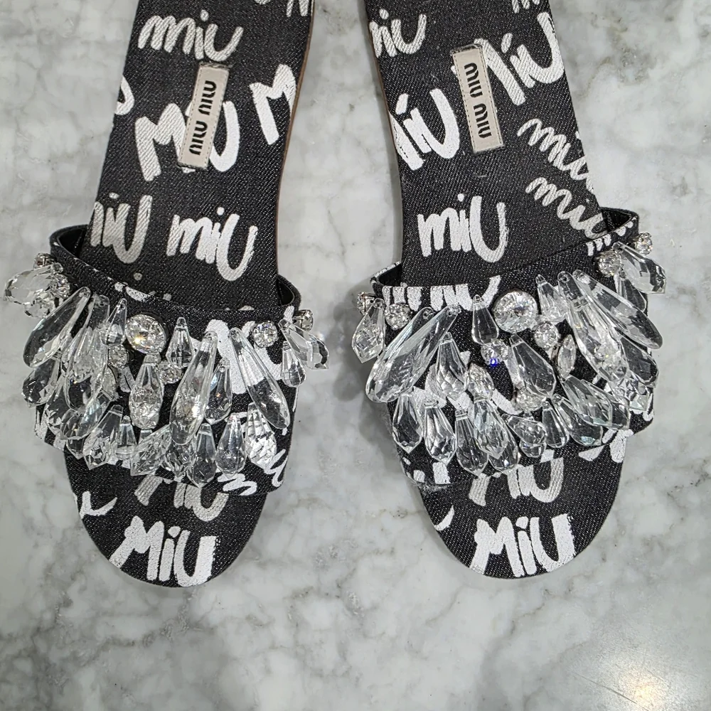 Miu Miu Denim Embellished Crystal Slides Sandals Slippers Size 39.5‎